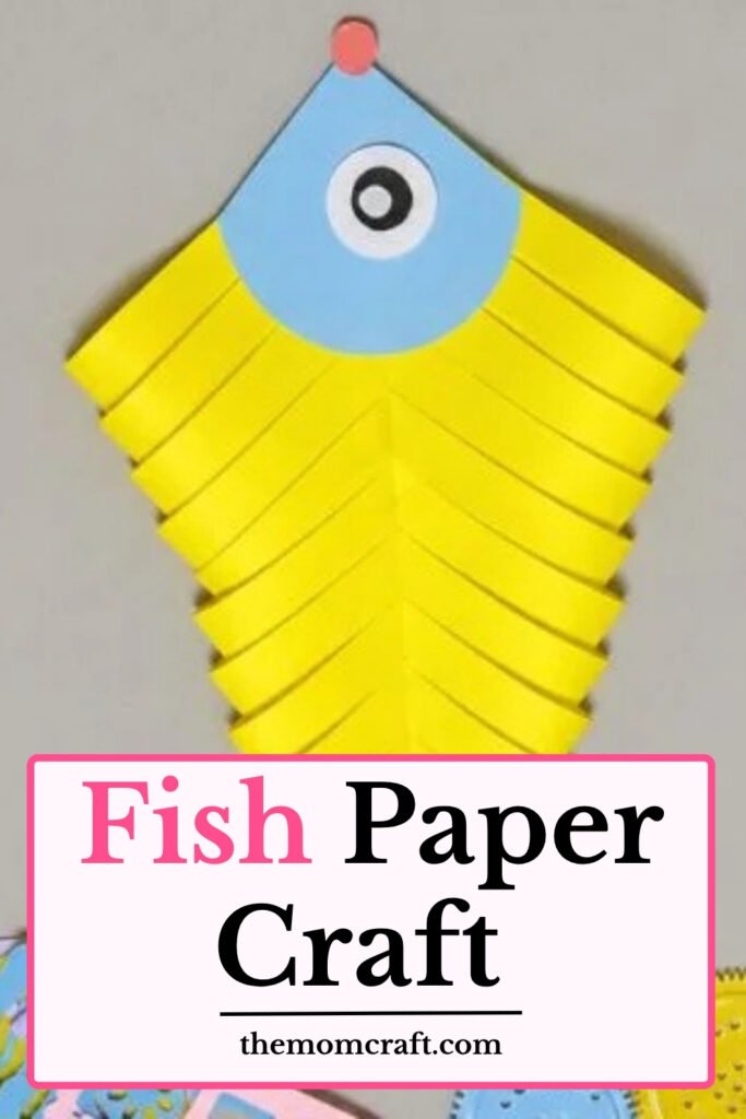 A colorful image featuring a Simple Fish Paper Craft Ultimate Guide with an easy DIY fish made from folded yellow paper strips and a blue paper head with a large cartoon eye. The craft demonstrates a fun paper folding technique perfect for kids, preschool activities, kindergarten classrooms, homeschool lessons, and ocean-themed art projects. Ideal for simple paper crafts, summer activities, fine motor skill practice, creative learning, and beginner-friendly DIY craft ideas.